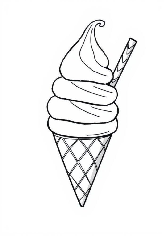 Desenho de um sorvete de casquinha com um canudo para colorir