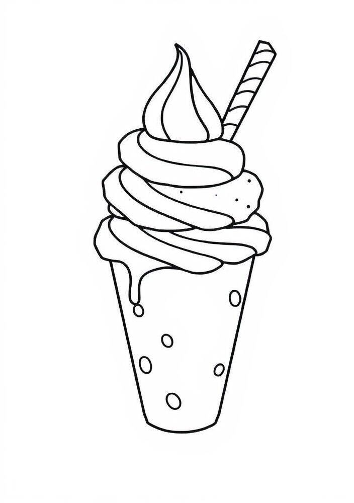 Desenho de sorvete em casquinha com cobertura e canudo para colorir