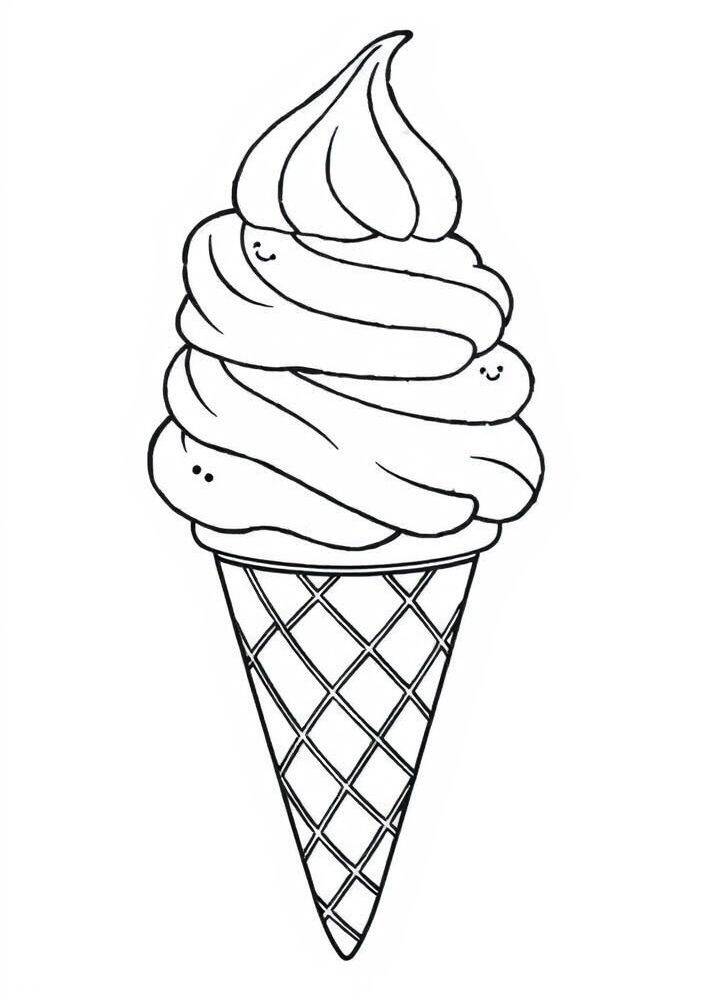Desenho de sorvete de casquinha com creme suave para colorir.
