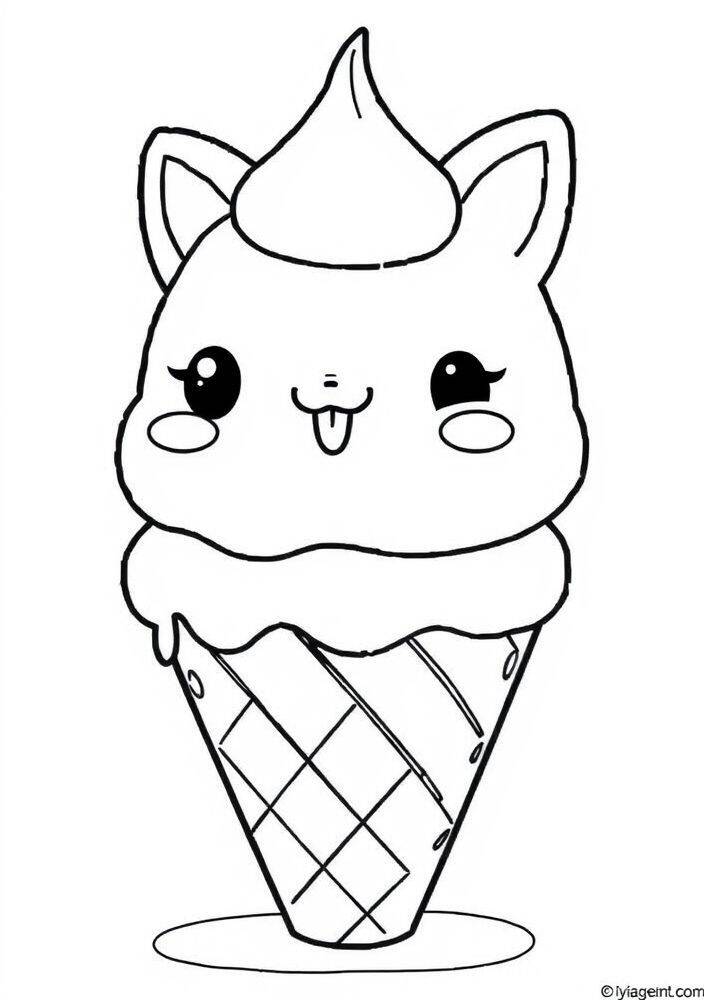Desenho de um sorvete kawaii em formato de gatinho para colorir.