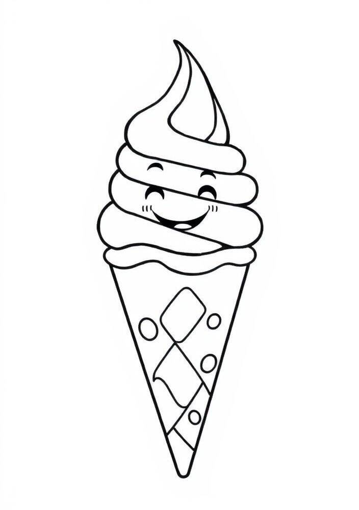 Desenho de sorvete fofo em casquinha para colorir