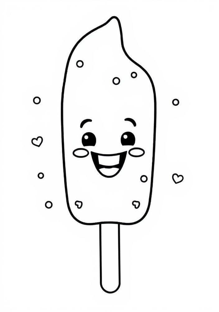 Desenho de um sorvete fofo com um sorriso e corações ao redor para colorir