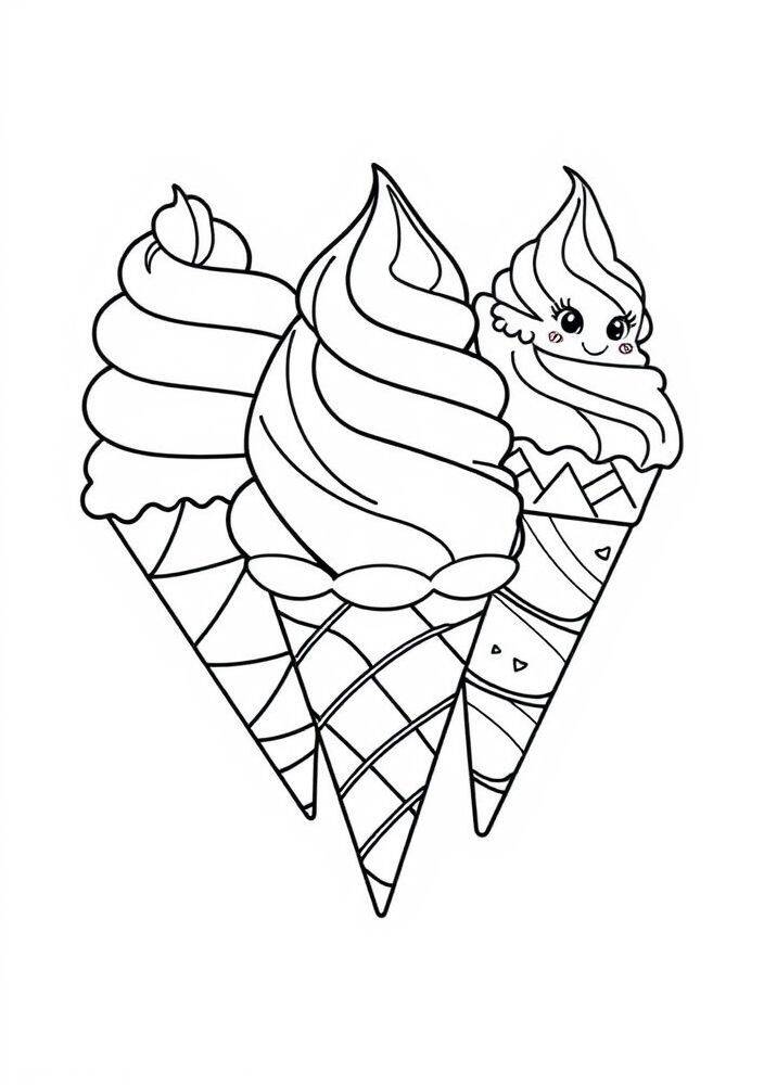 Desenho de três sorvetes em casquinhas, estilo kawaii, para colorir.