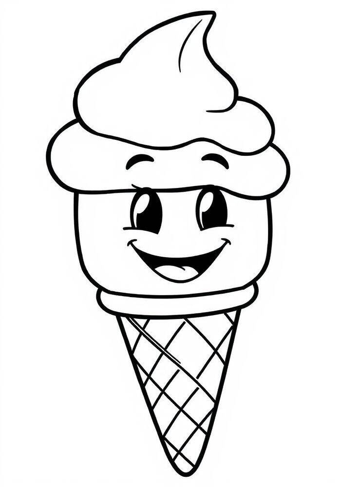 Desenho de um sorvete kawaii com um sorriso feliz para colorir.
