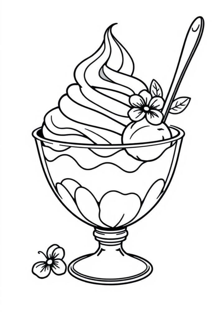 Desenho de um sundae com cereja e flores para colorir