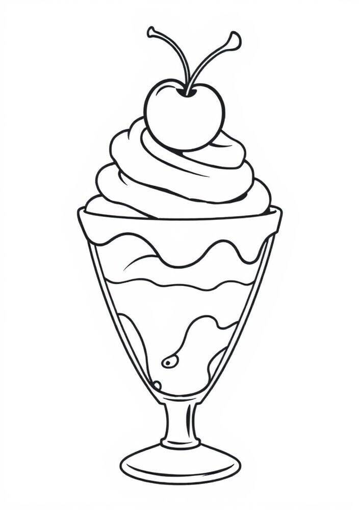 Desenho de um sundae com cobertura e cereja no topo para colorir.