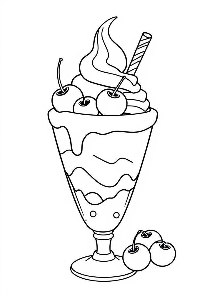 Desenho de um sundae com cerejas e canudo para colorir