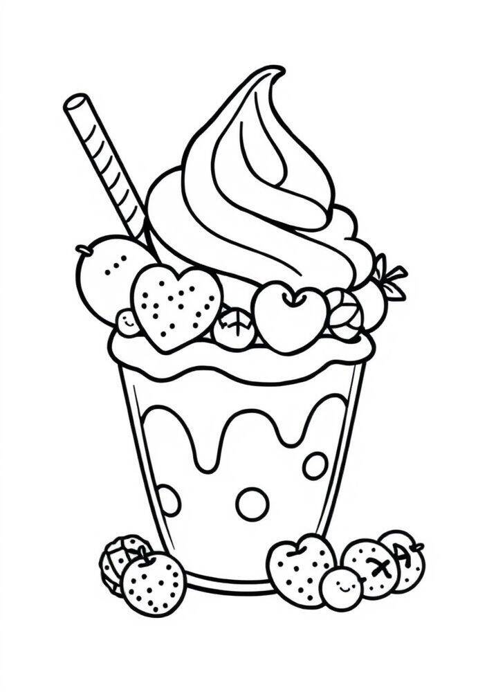 Desenho de um sundae com frutas, chantilly e canudo para colorir.