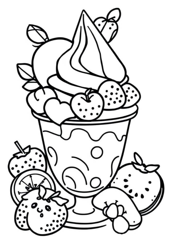 Desenho de um sundae com frutas e cobertura para colorir