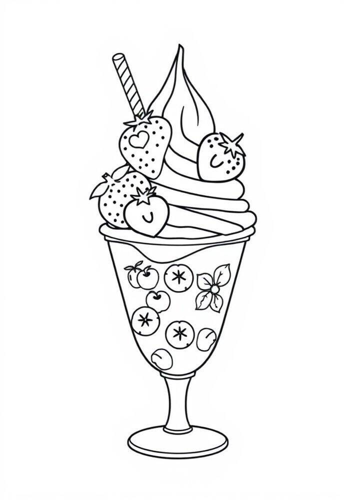 Desenho de um sundae de sorvete com morangos e canudo para colorir
