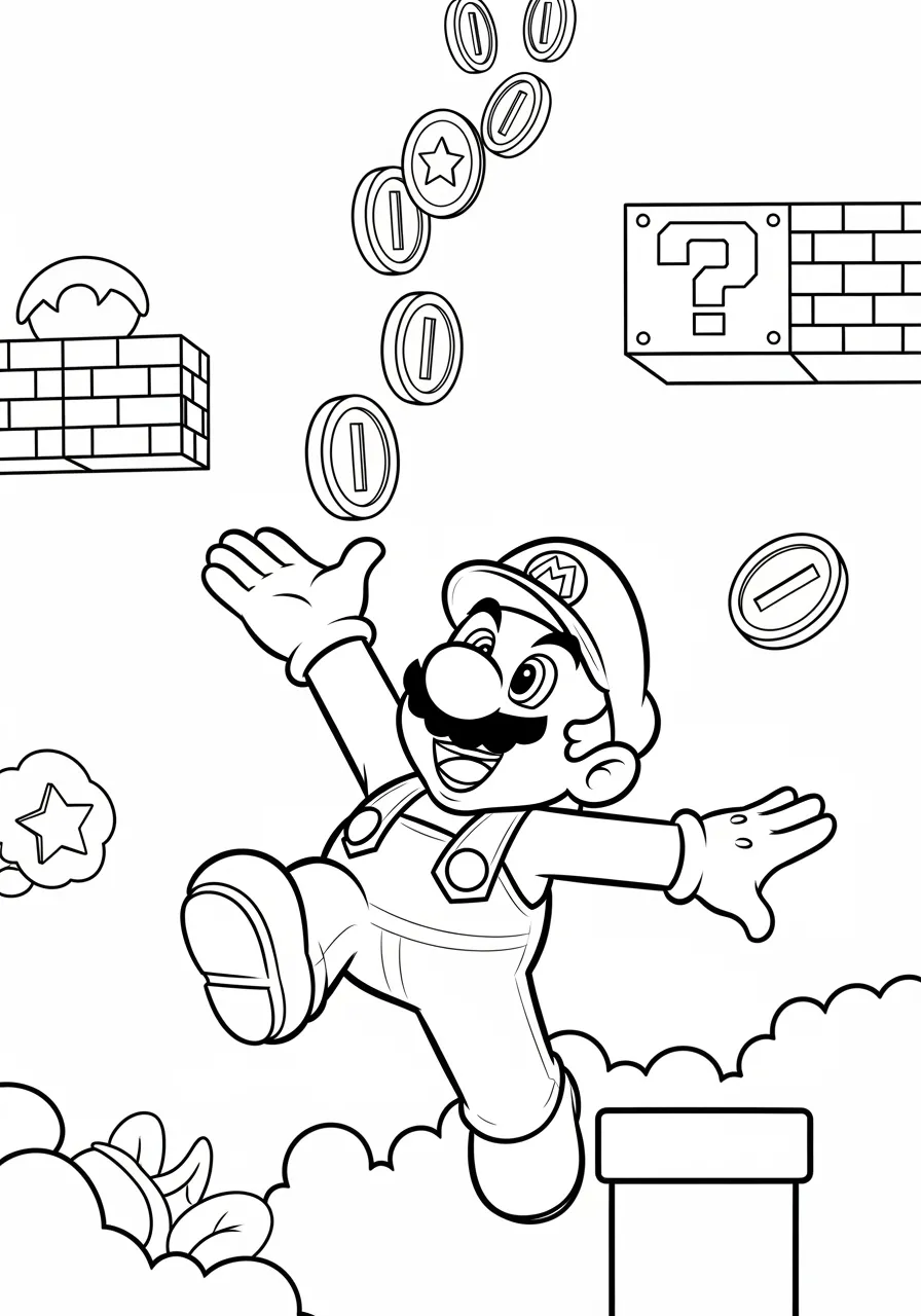 Imagem de Super Mario pulando para coletar moedas em um cenário clássico com blocos e nuvens