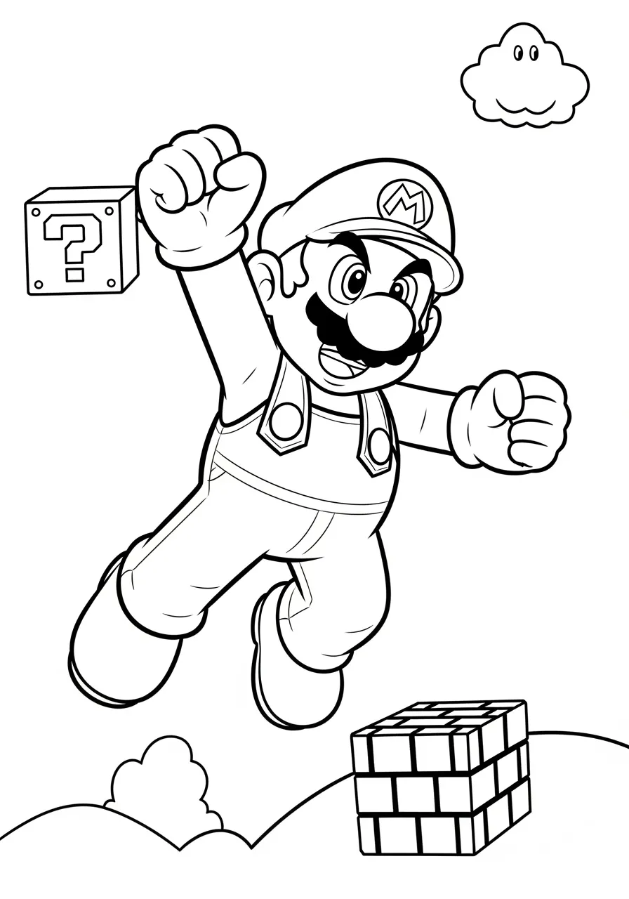Imagem em preto e branco de Super Mario saltando ao lado de um bloco de interrogação