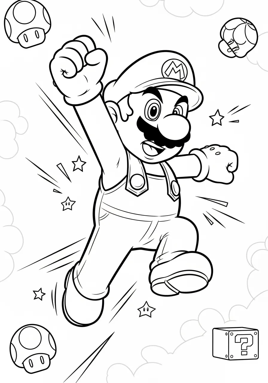 Imagem para colorir de Super Mario saltando com cogumelos ao redor