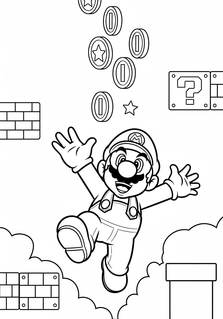 Super Mario pulando para coletar moedas com blocos ao fundo