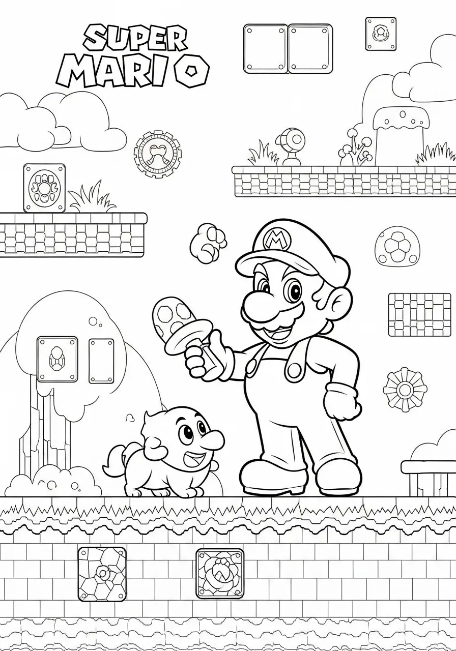 Imagem de Super Mario segurando um cogumelo ao lado de um amigo em um cenário clássico para colorir