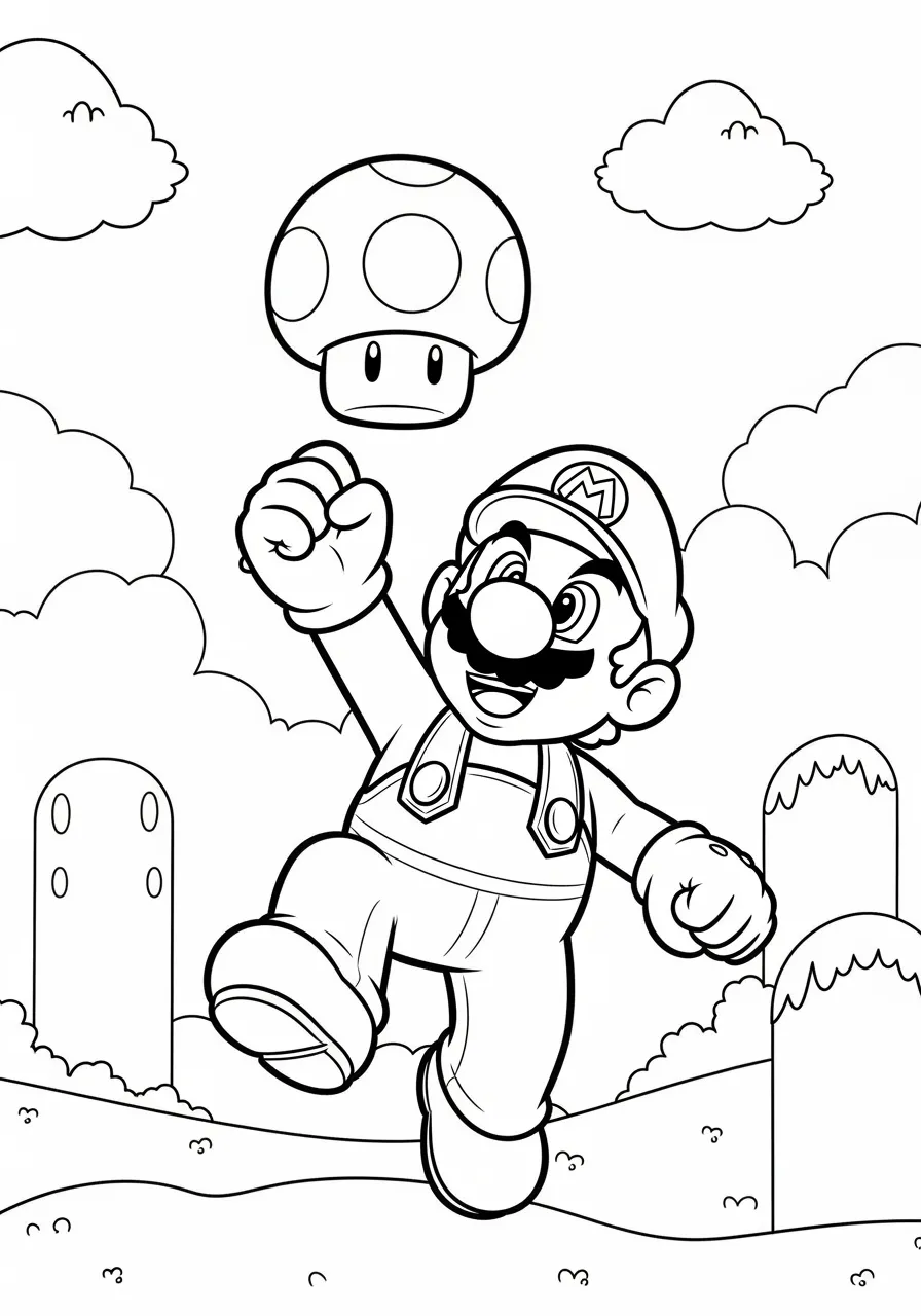 Super Mario pulando para pegar um cogumelo em um cenário de colinas