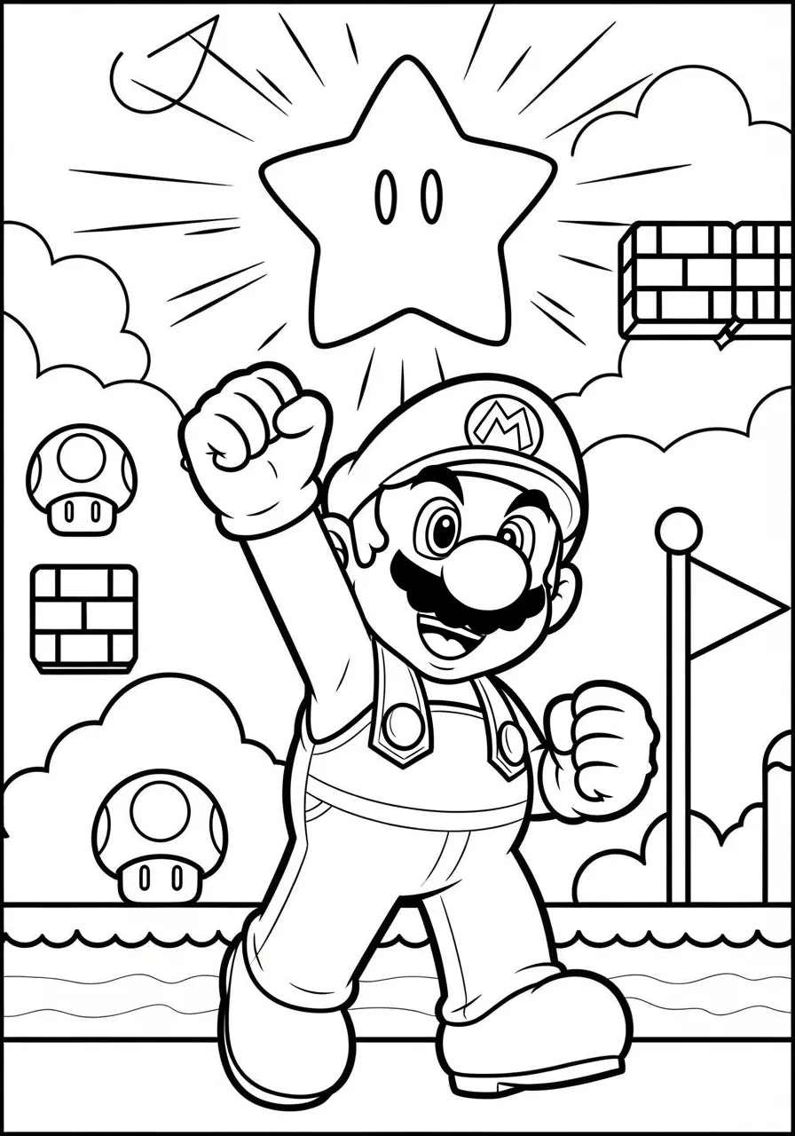 Imagem de Super Mario levantando o punho em direção a uma estrela poderosa, com blocos e cogumelos ao fundo.