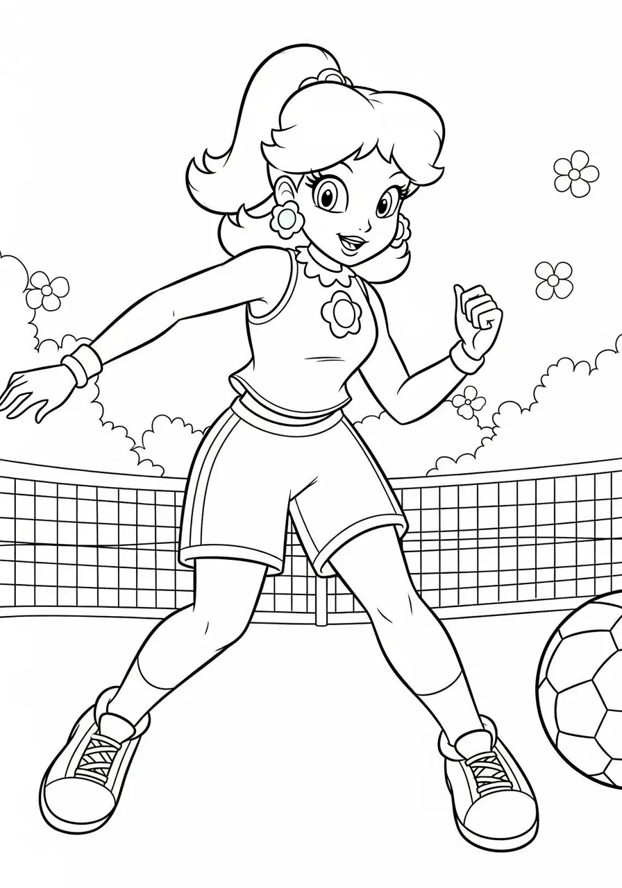 Imagem para colorir da Princesa Daisy jogando futebol em um campo