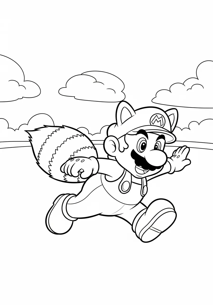 Imagem de Super Mario com Roupa de Guaxinim correndo em um campo para colorir