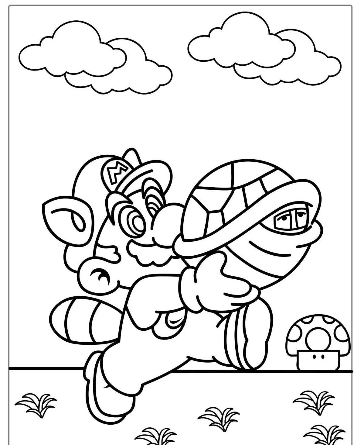 Super Mario segurando um casco com traje de guaxinim para colorir