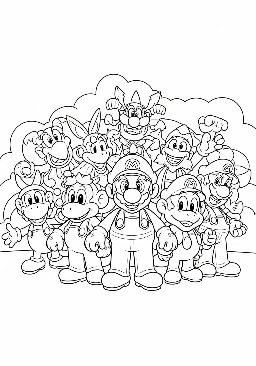 Imagem de Super Mario e seus amigos prontos para colorir