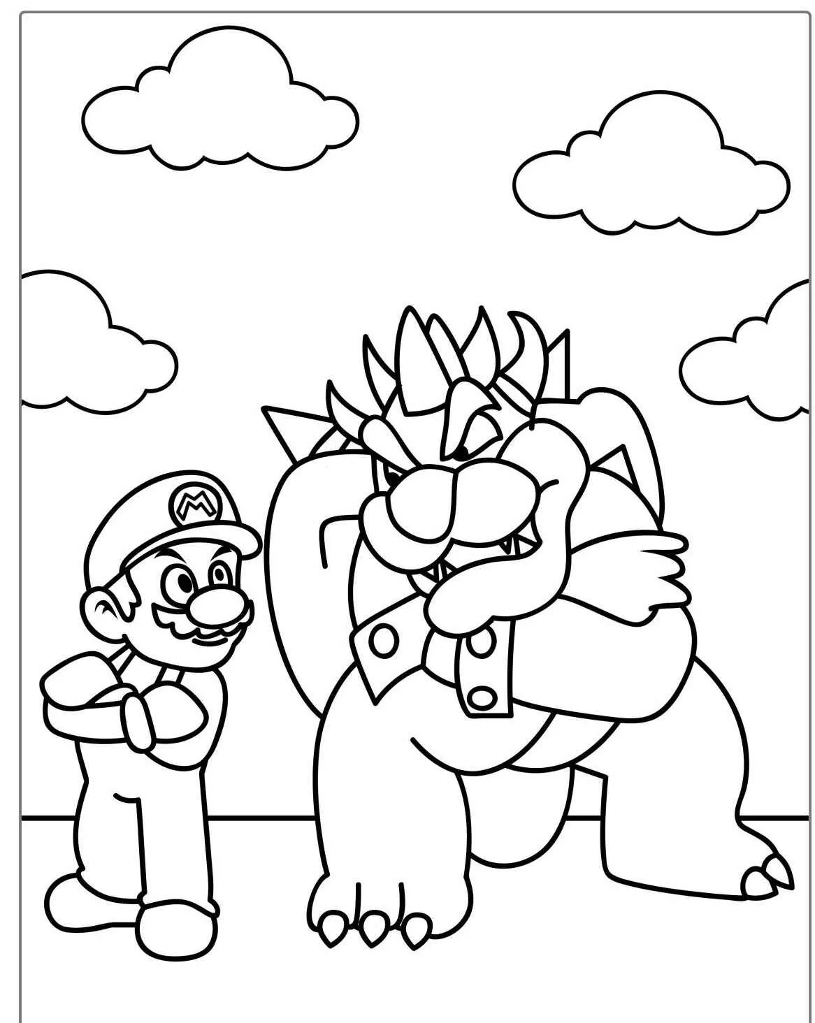 Imagem para colorir de Super Mario e Bowser em pé frente a frente