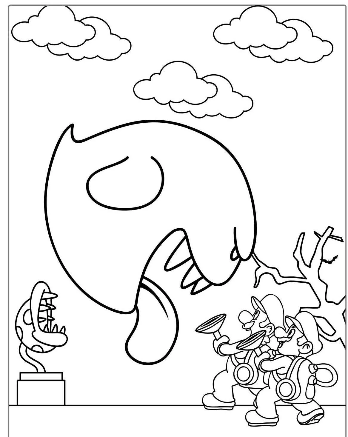 Imagem para colorir de Super Mario e Luigi enfrentando um Fantasma Boo
