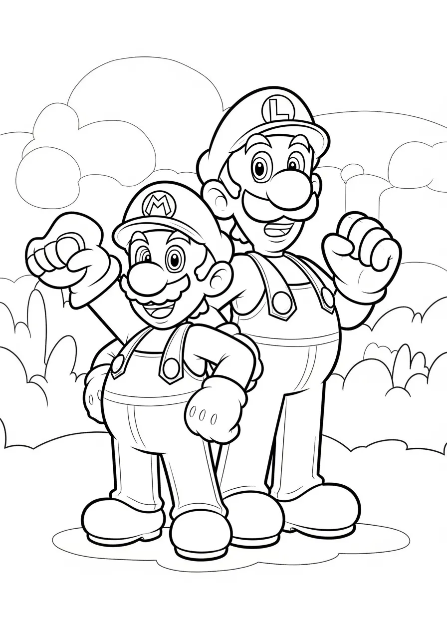 Imagem para colorir de Super Mario e Luigi juntos em um cenário de aventura