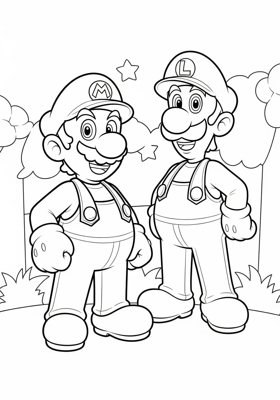 Imagem de Super Mario e Luigi em um jardim, prontos para colorir