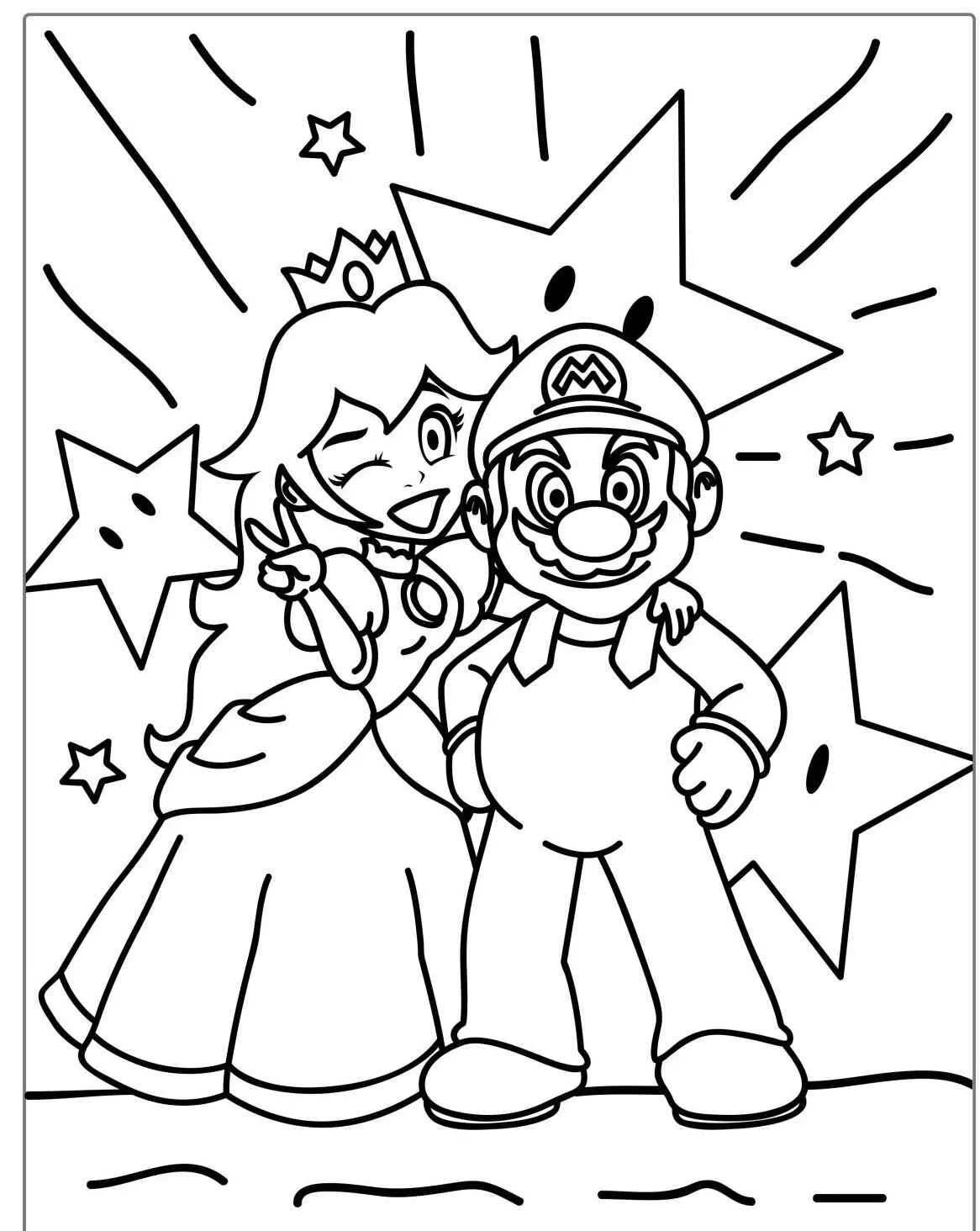 Desenho para colorir de Super Mario e Princesa Peach com estrelas ao fundo