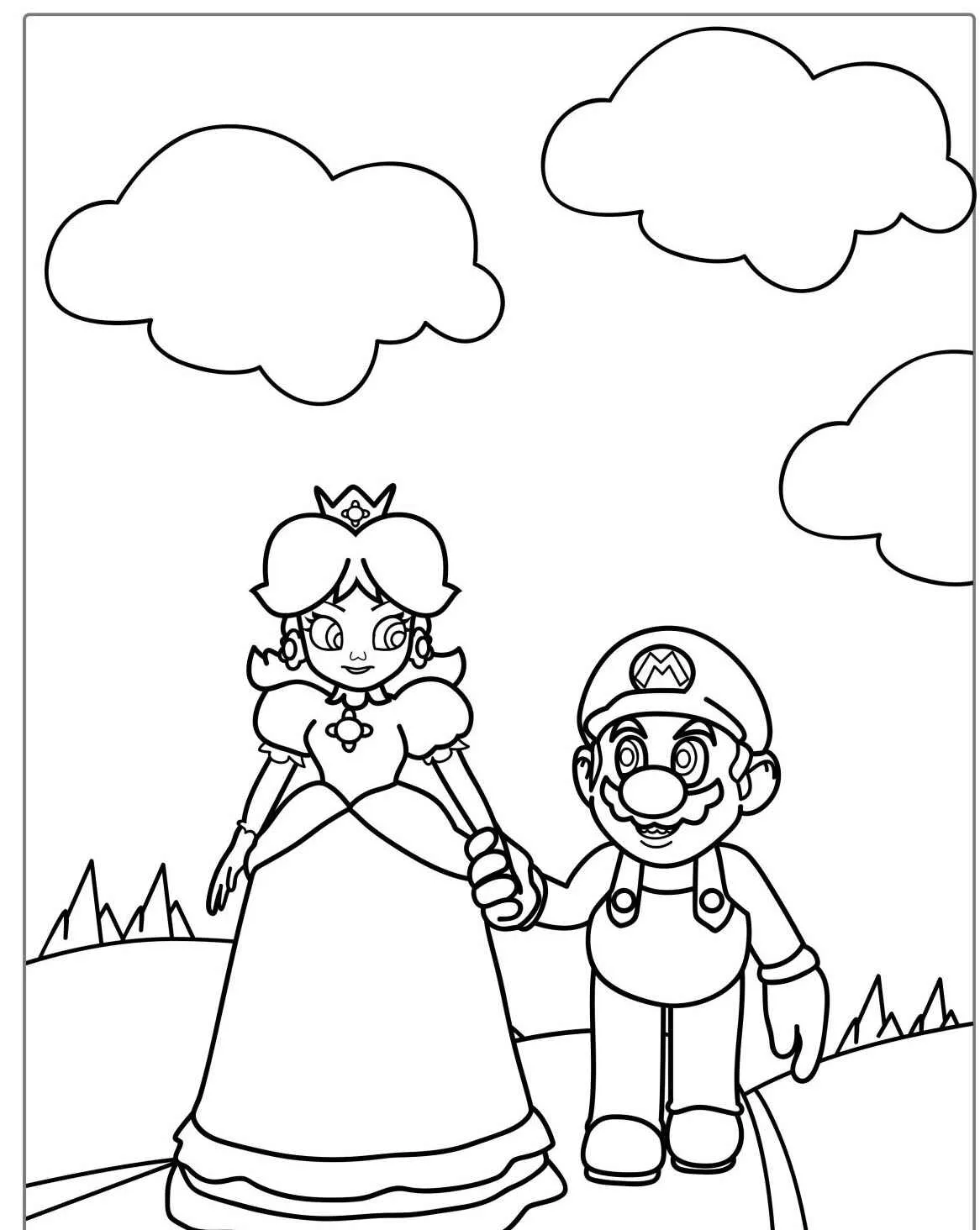 Desenho de Super Mario e Princesa Peach de mãos dadas em um cenário ao ar livre para colorir
