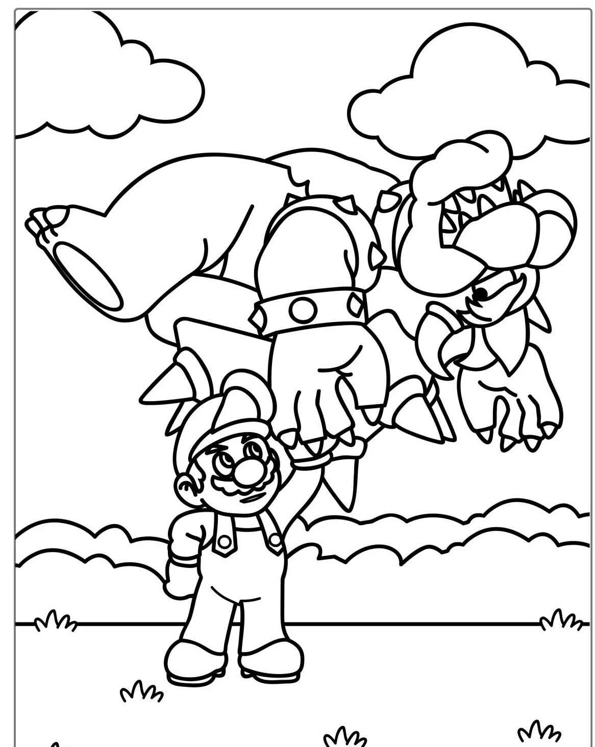 Imagem de Super Mario levantando Bowser nos braços para colorir