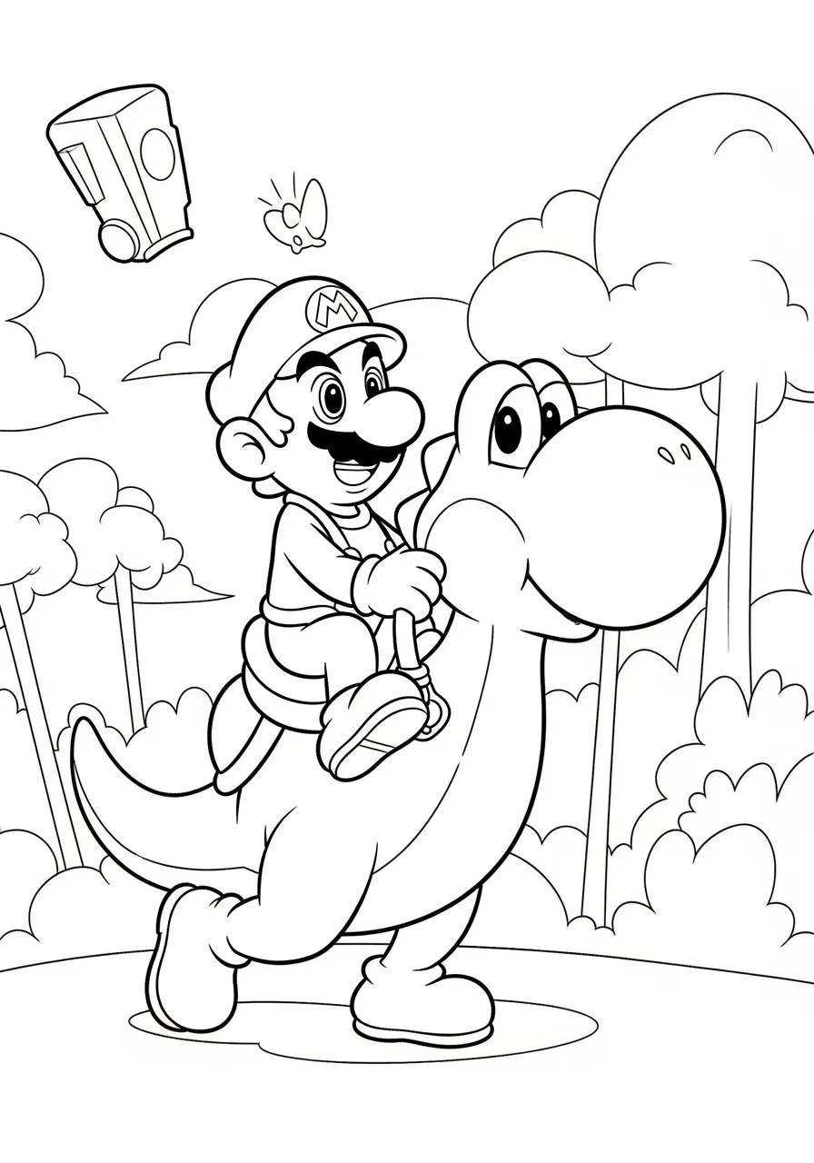 Desenho em preto e branco de Super Mario montado no Yoshi em um cenário de floresta para colorir