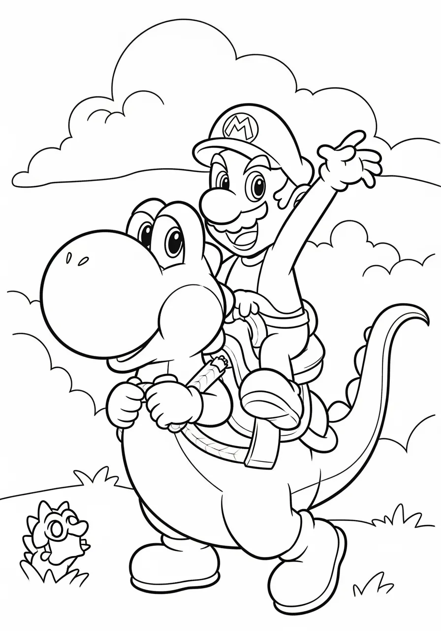 Imagem para colorir de Super Mario montado no Yoshi em um cenário ao ar livre
