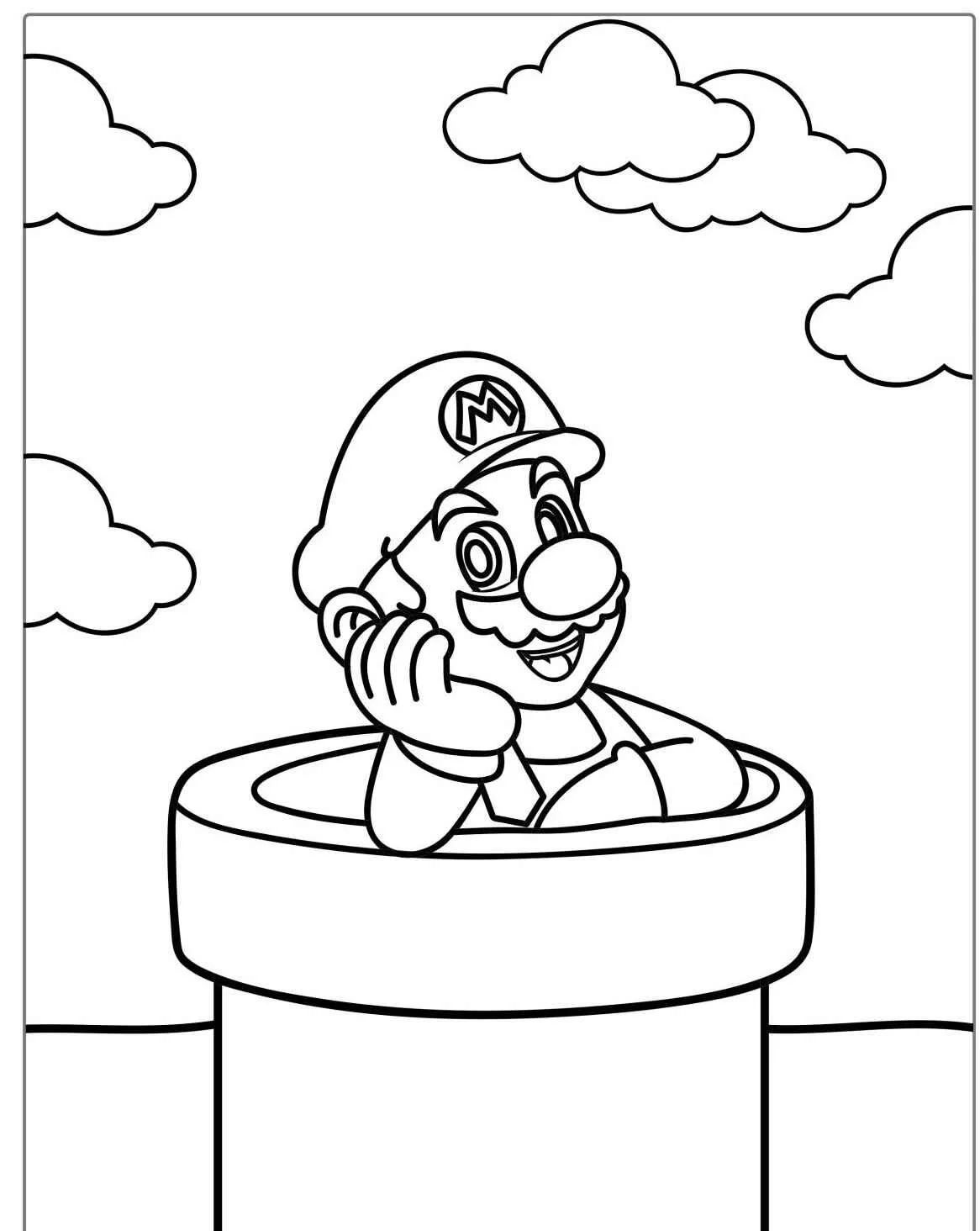 Super Mario saindo de um cano com nuvens ao fundo para colorir