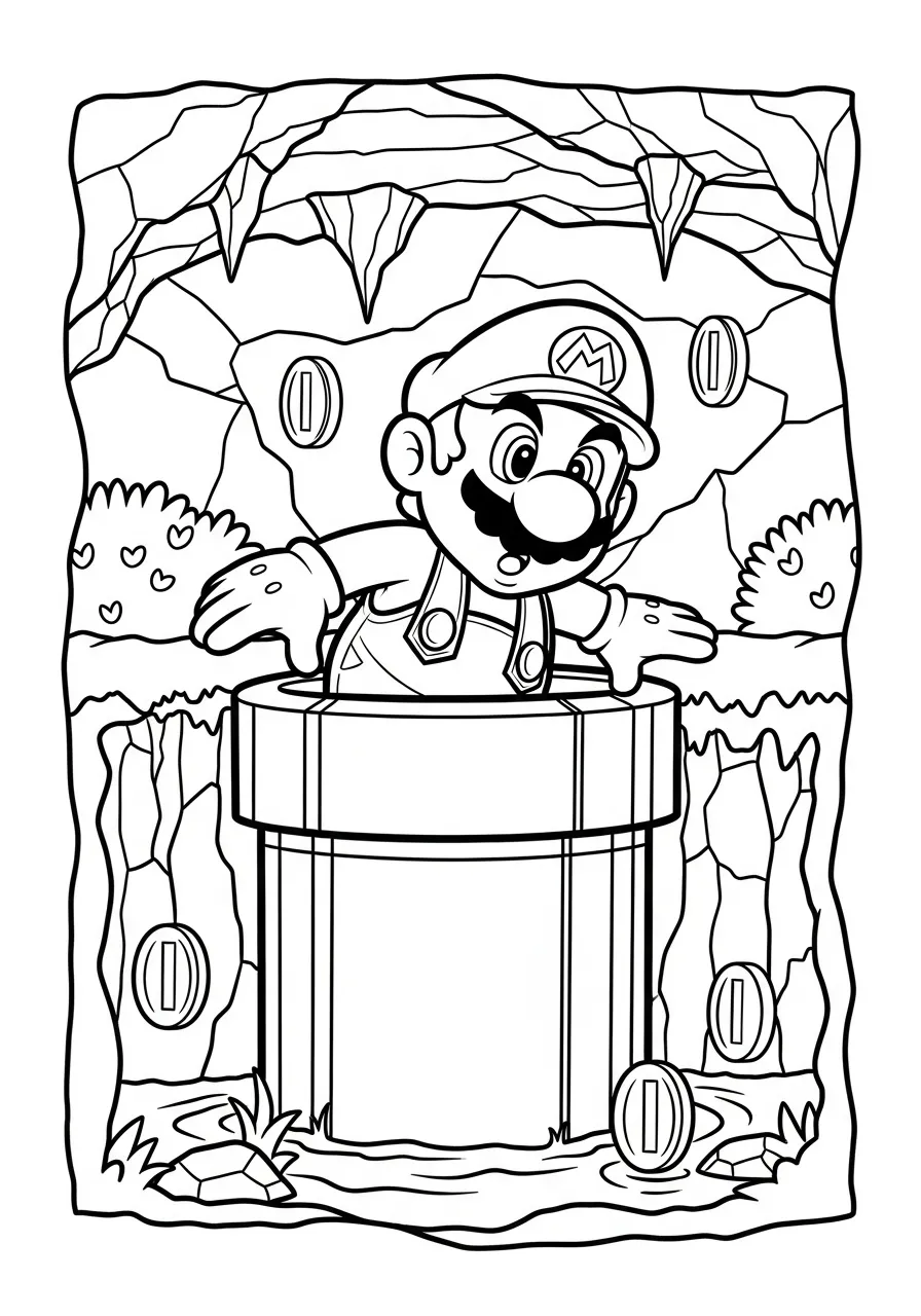 Super Mario saindo de um cano com moedas ao redor em um cenário de caverna