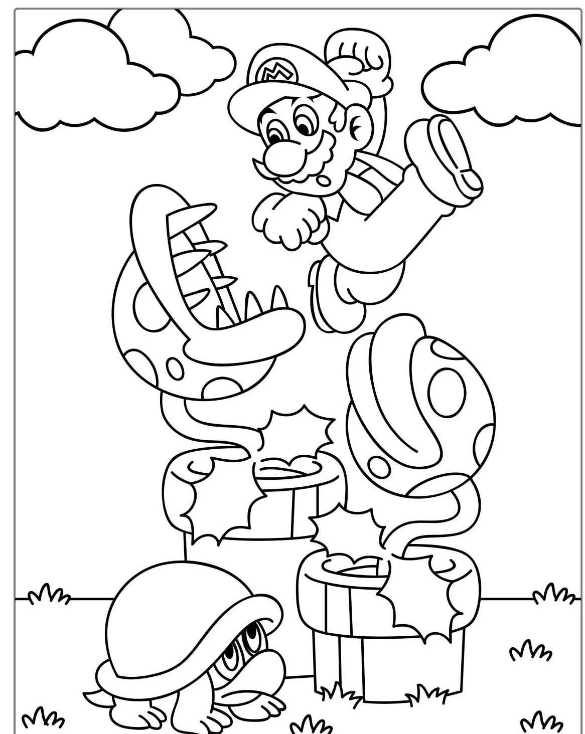 Imagem de Super Mario saltando sobre Plantas Piranha para colorir
