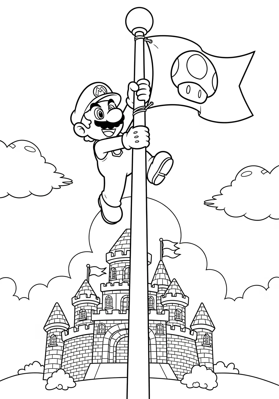 Imagem para colorir do Super Mario subindo no mastro com um castelo ao fundo