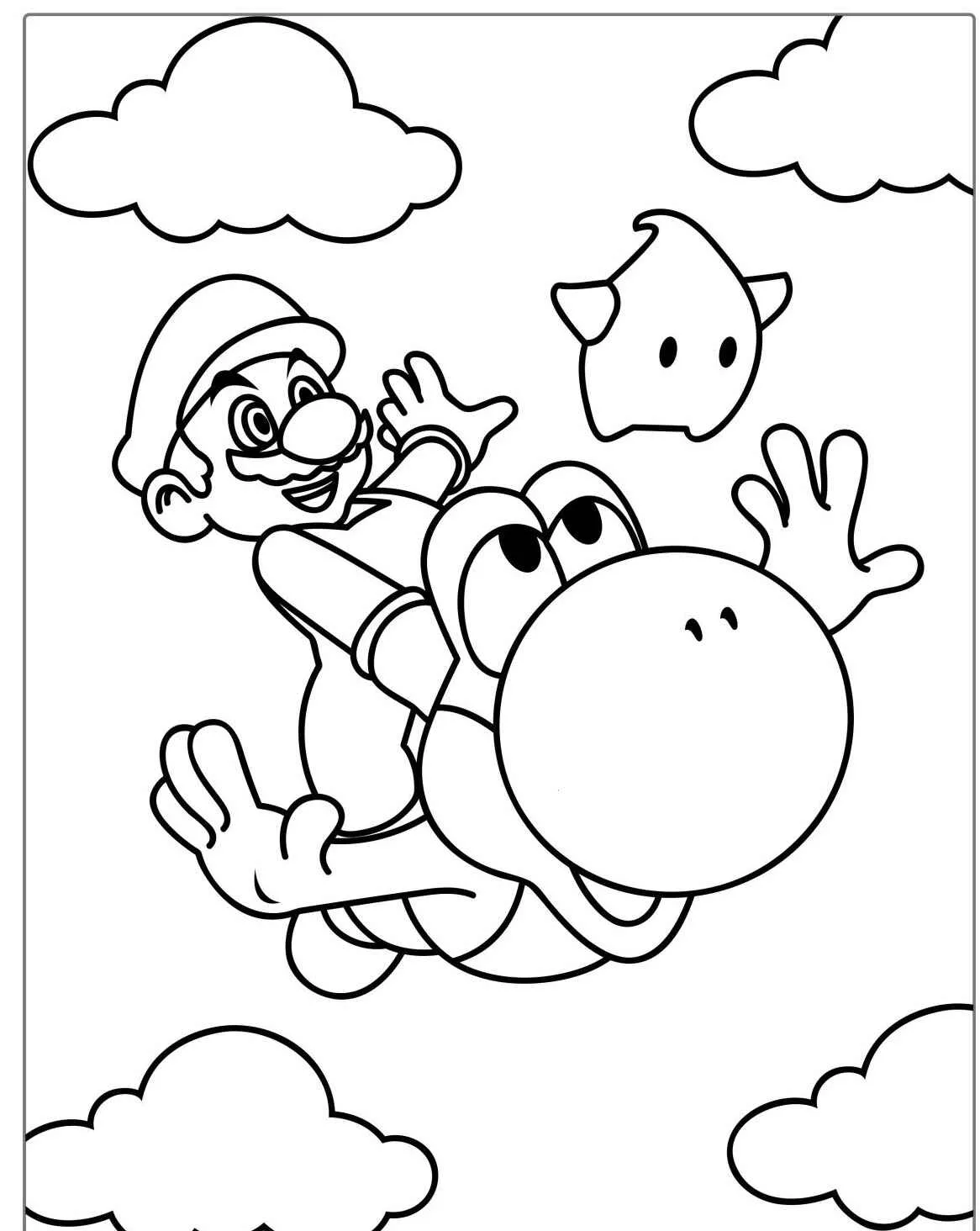 Imagem para colorir de Super Mario voando nas costas de Yoshi entre as nuvens