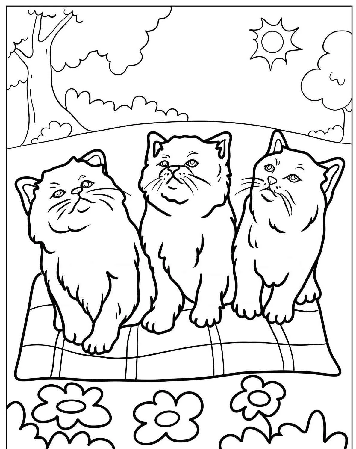 Três gatos fofos sentados em um tapete com flores ao redor para colorir