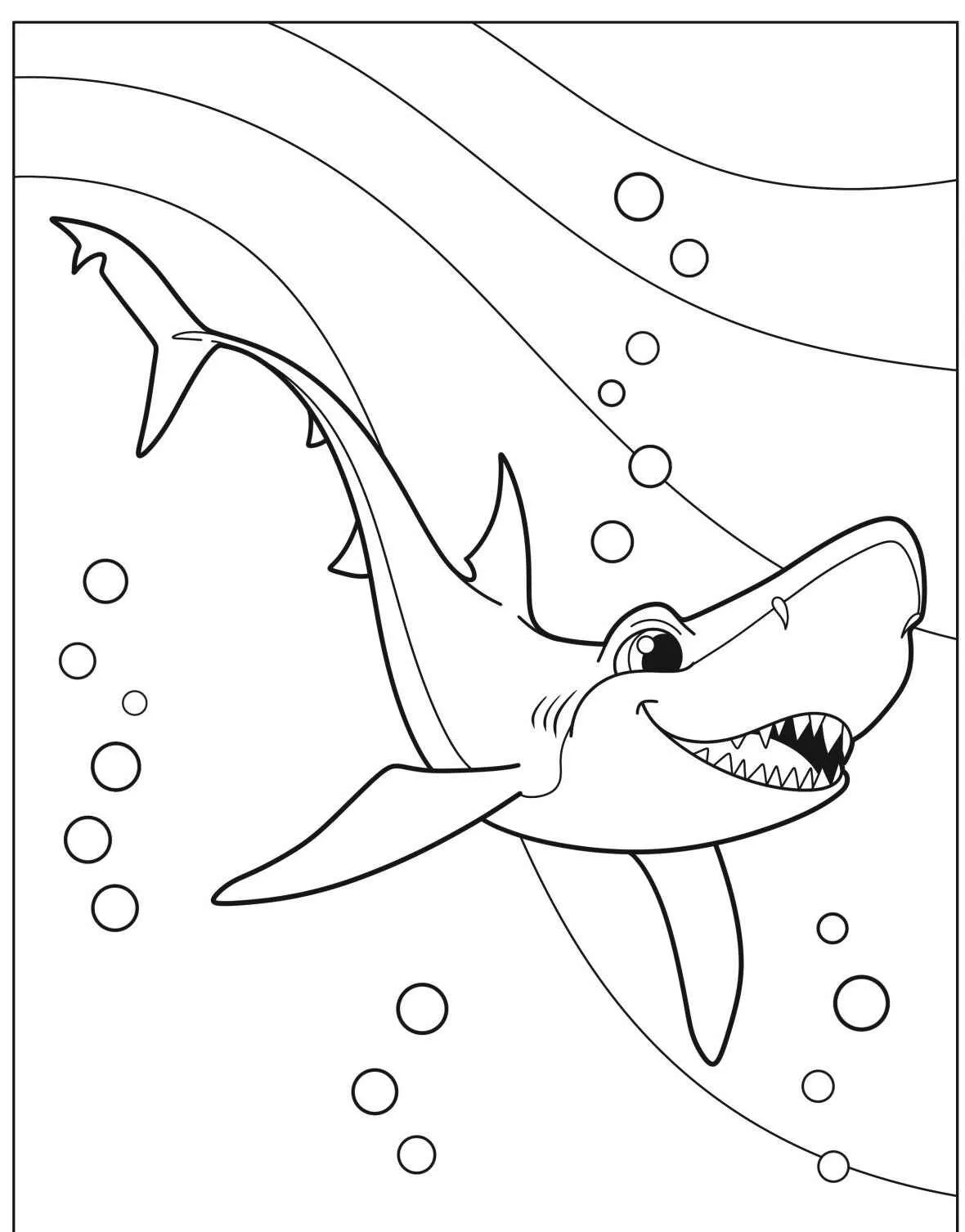 Desenho de um tubarão sorridente nadando entre bolhas de água
