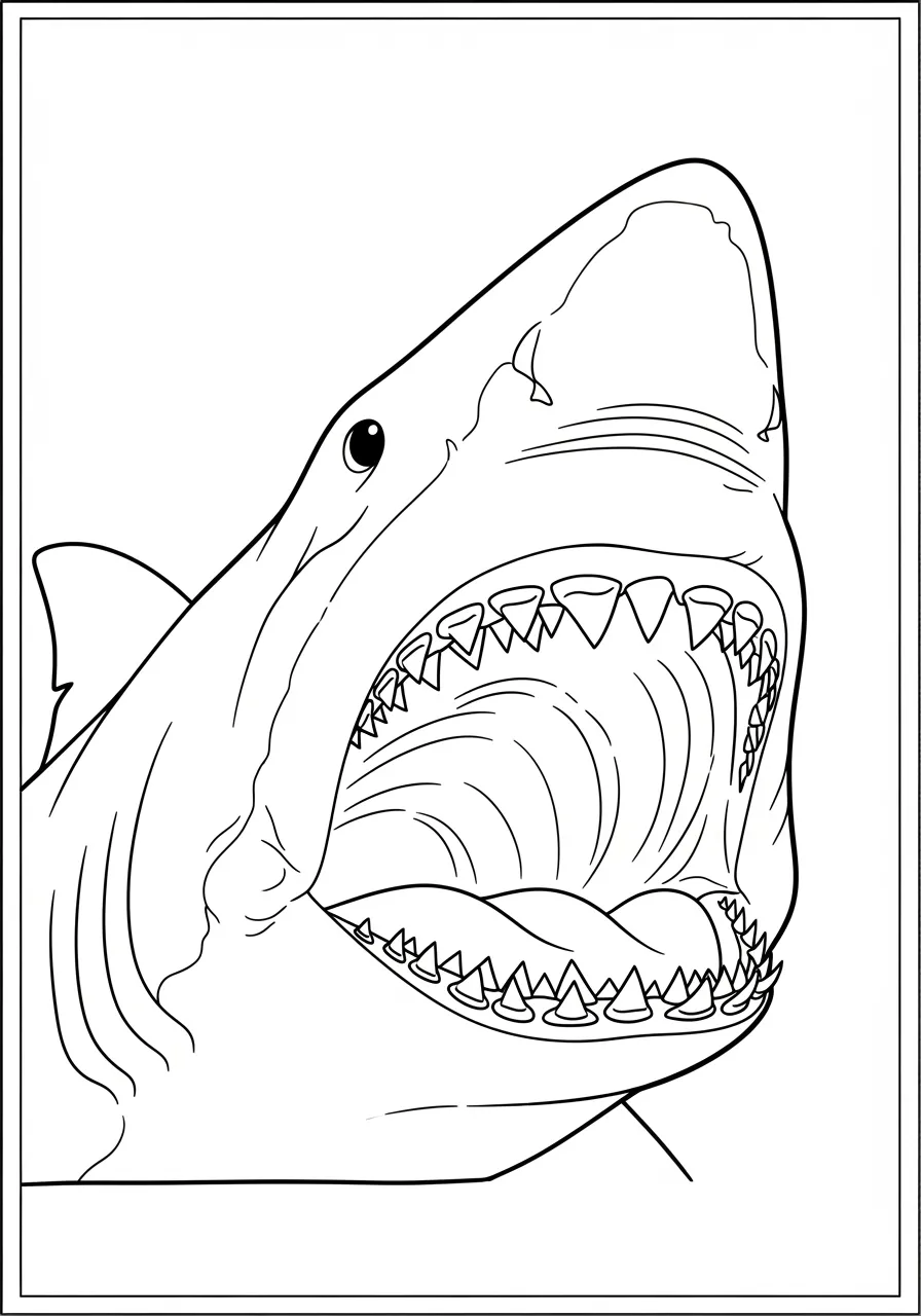 Desenho de um tubarão branco mostrando seus dentes afiados, ideal para colorir.