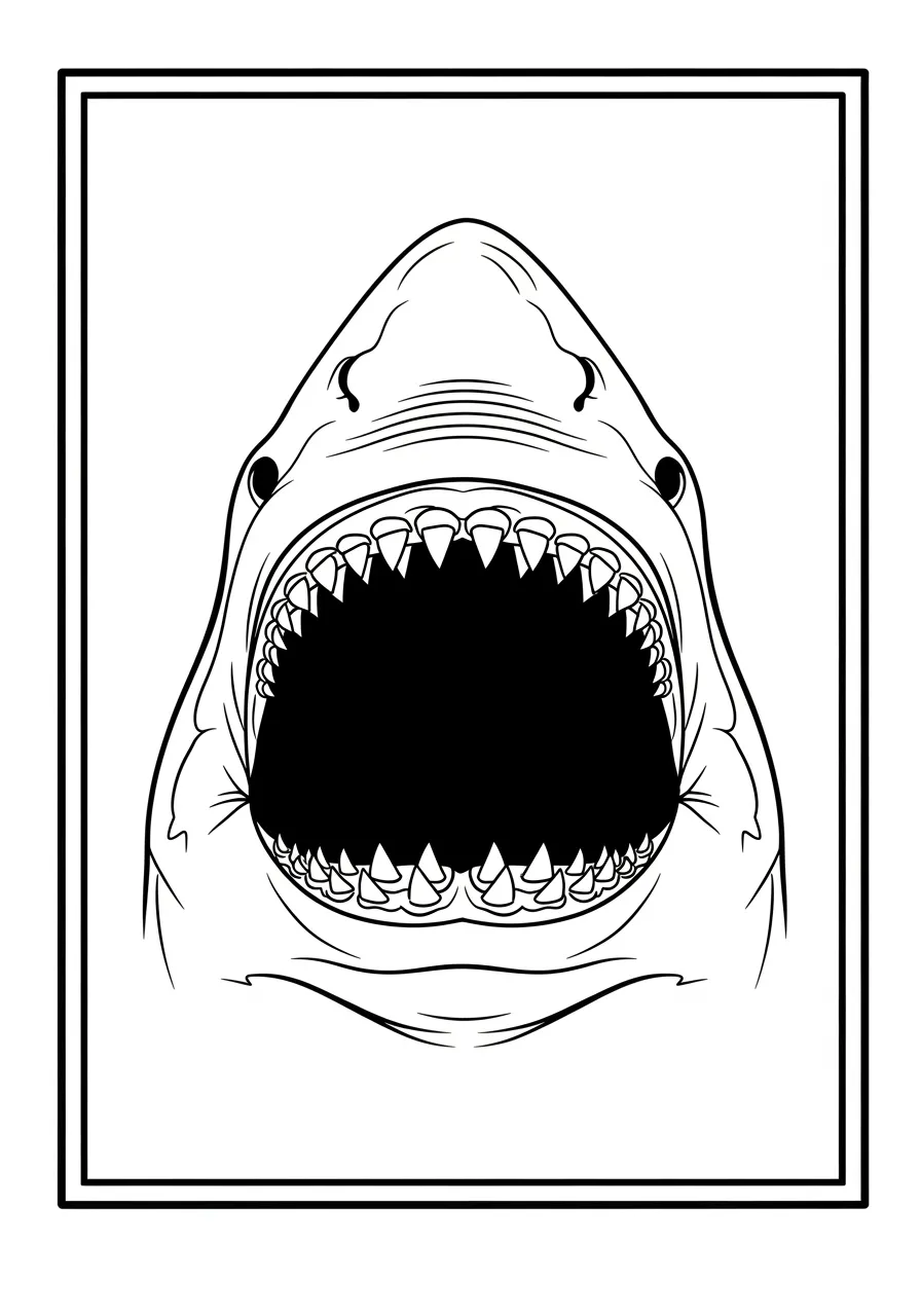 Desenho de um tubarão branco com a boca aberta, pronto para ser colorido.