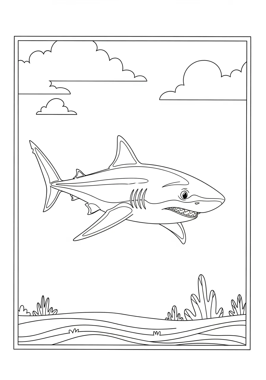 Desenho de um tubarão branco nadando em um ambiente marinho para colorir