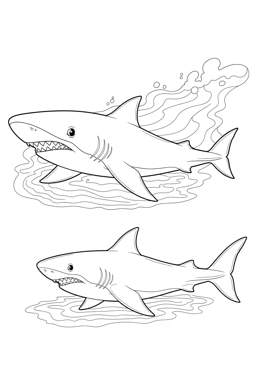Desenho de um tubarão branco nadando com ondas ao fundo para colorir