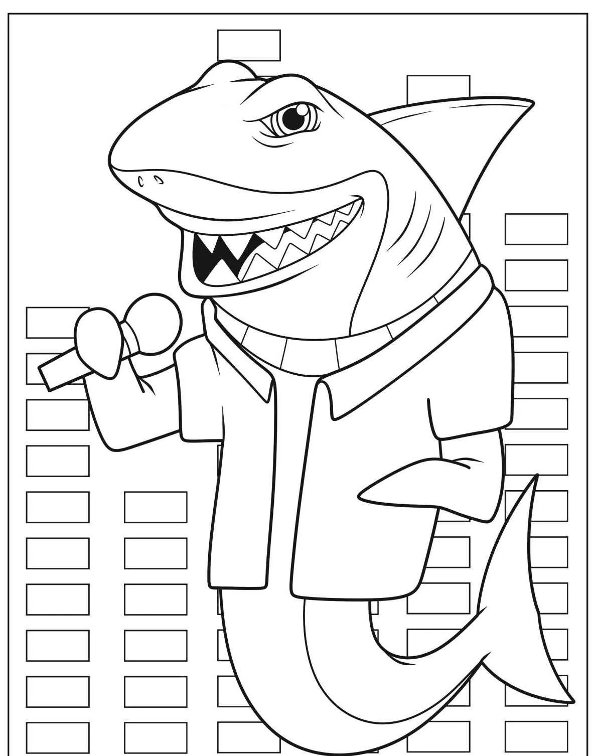 Desenho de um tubarão vestido de cantor segurando um microfone