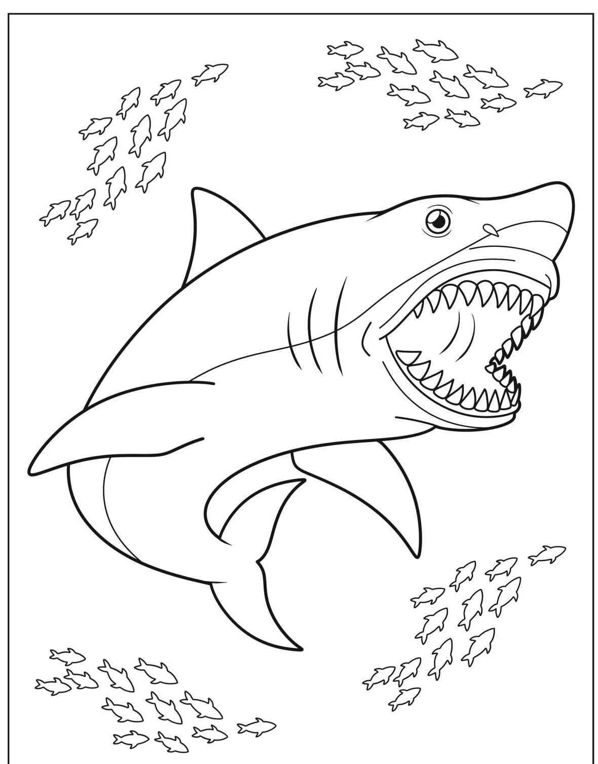 Desenho de um tubarão com dentes afiados nadando entre peixes