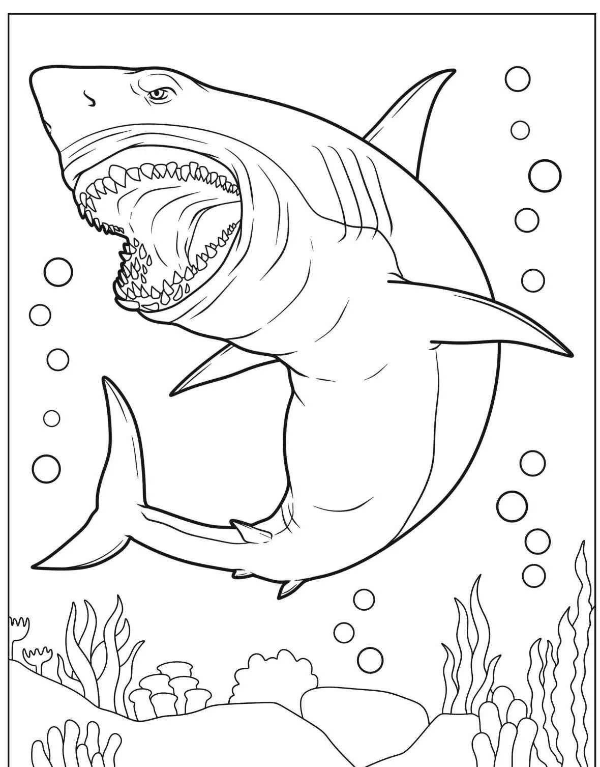 Desenho de um tubarão gigante nadando com a boca aberta, ideal para colorir.