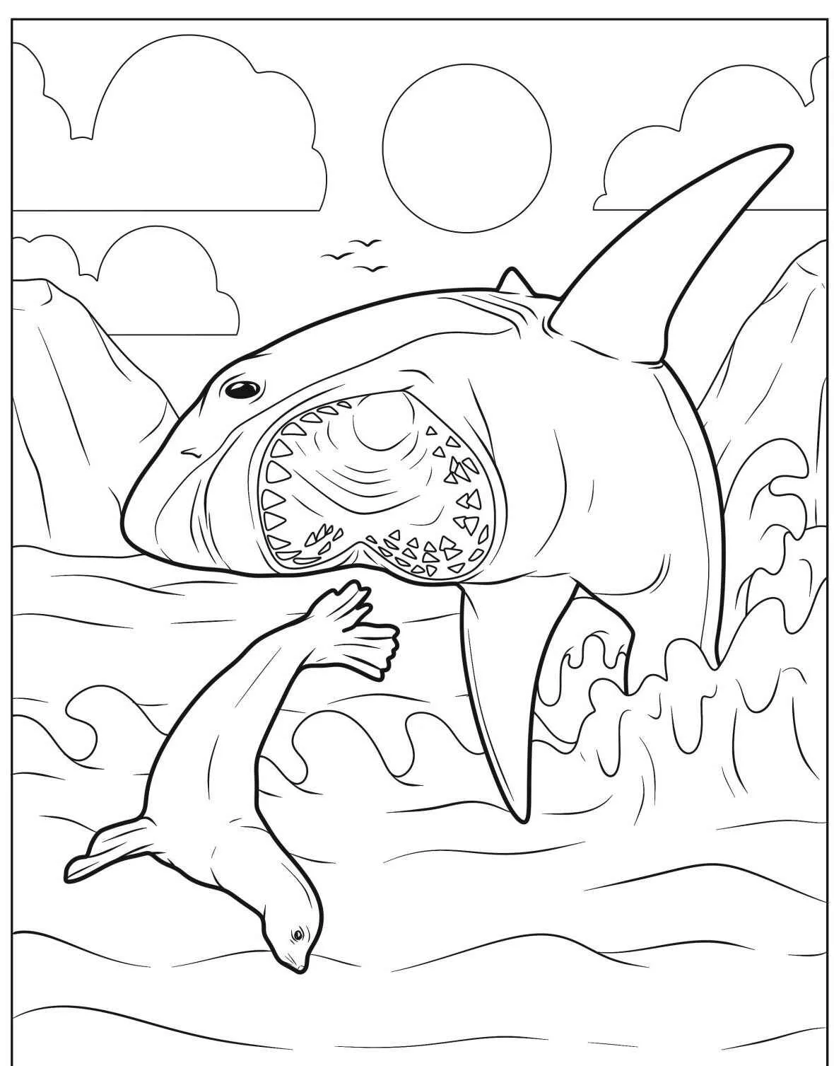 Desenho de um tubarão gigante saltando sobre as ondas do oceano