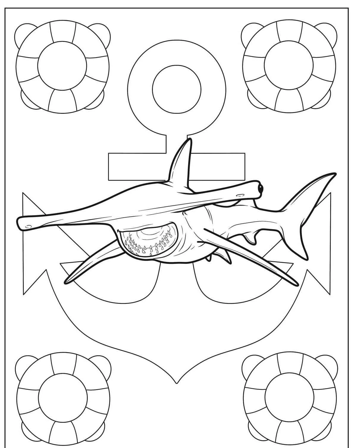 Desenho de um tubarão martelo com âncora e boias para colorir